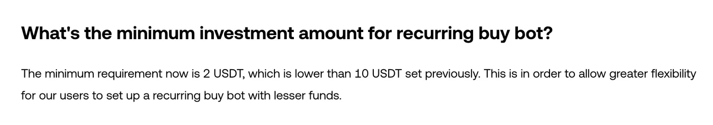 欧易定投英文教程的常见问题：定投策略最低投入金额现为 2 USDT，低于此前的 10 USDT