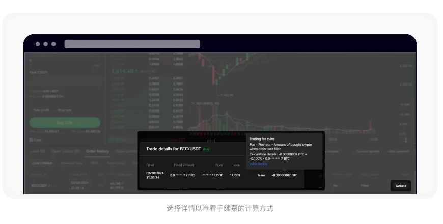 欧易帮助中心演示图：BTC/USDT 成交详情弹窗中悬停手续费，提示框显示 Fee = Fee rate × Amount of bought crypto when order was filled 及具体计算明细